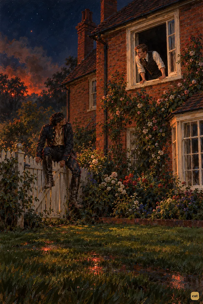 The narrator leans from his dark study window as a hatless soldier climbs the palings