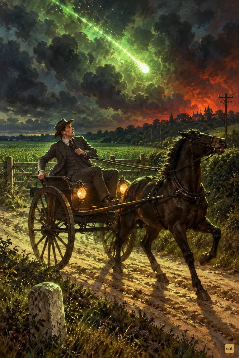 Beyond Pyrford, a thread of green fire plunges into the field beside the dog cart
