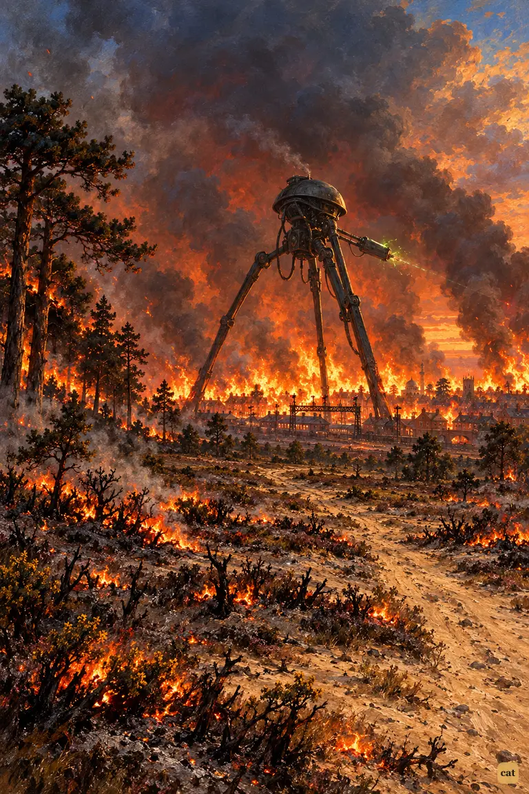 The Martian fighting-machine stands on the burnt heath with its back to the hidden artilleryman.