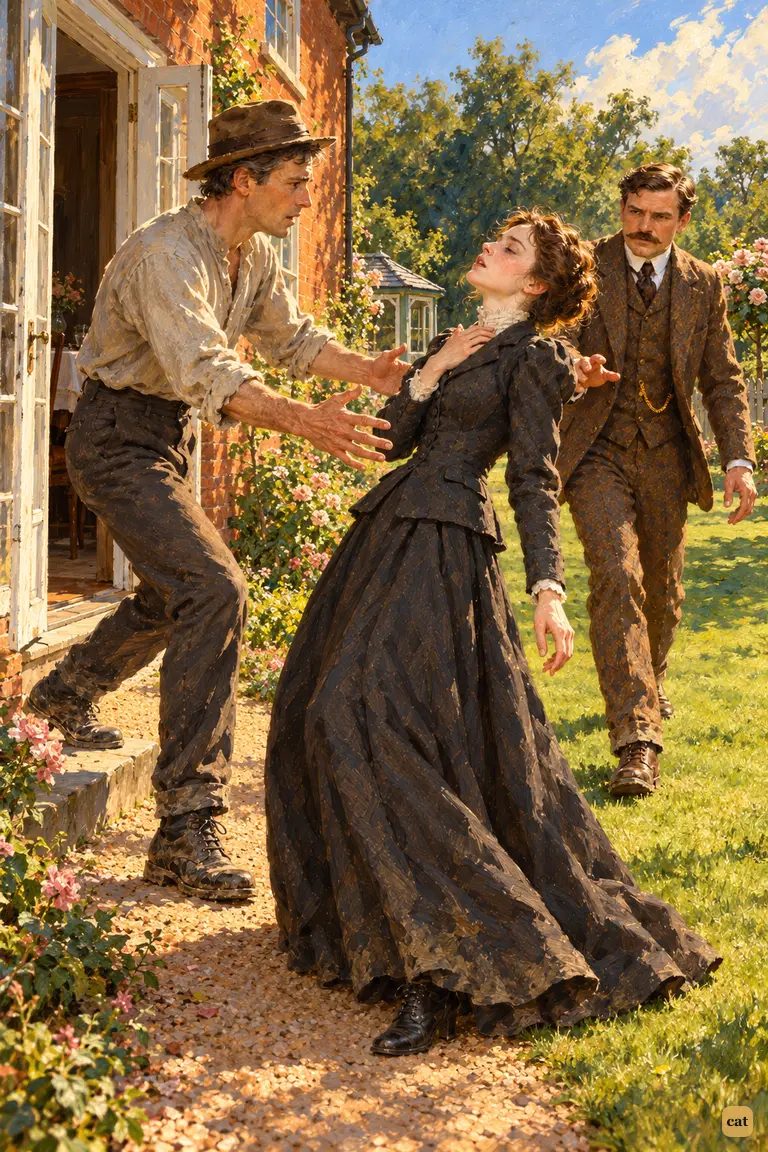 The wife sways, hand to her throat, as the narrator lunges off the step to catch her