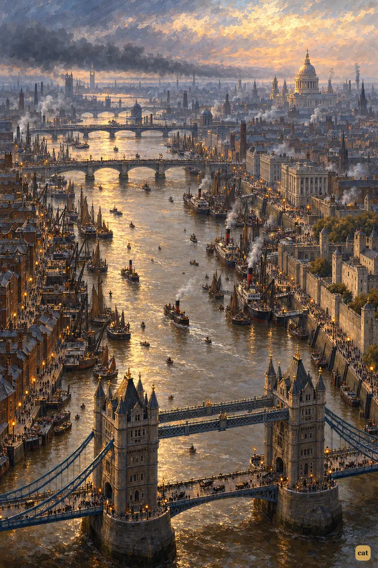 Grey Monday dawn over the Pool of London, seen from high above Tower Bridge.