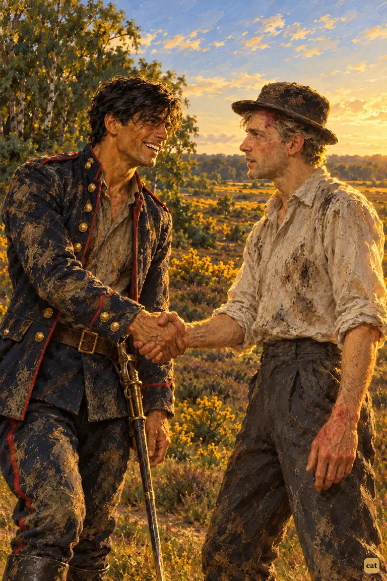 At dawn, the artilleryman lowers his cutlass and grips the grey-haired narrator's hand
