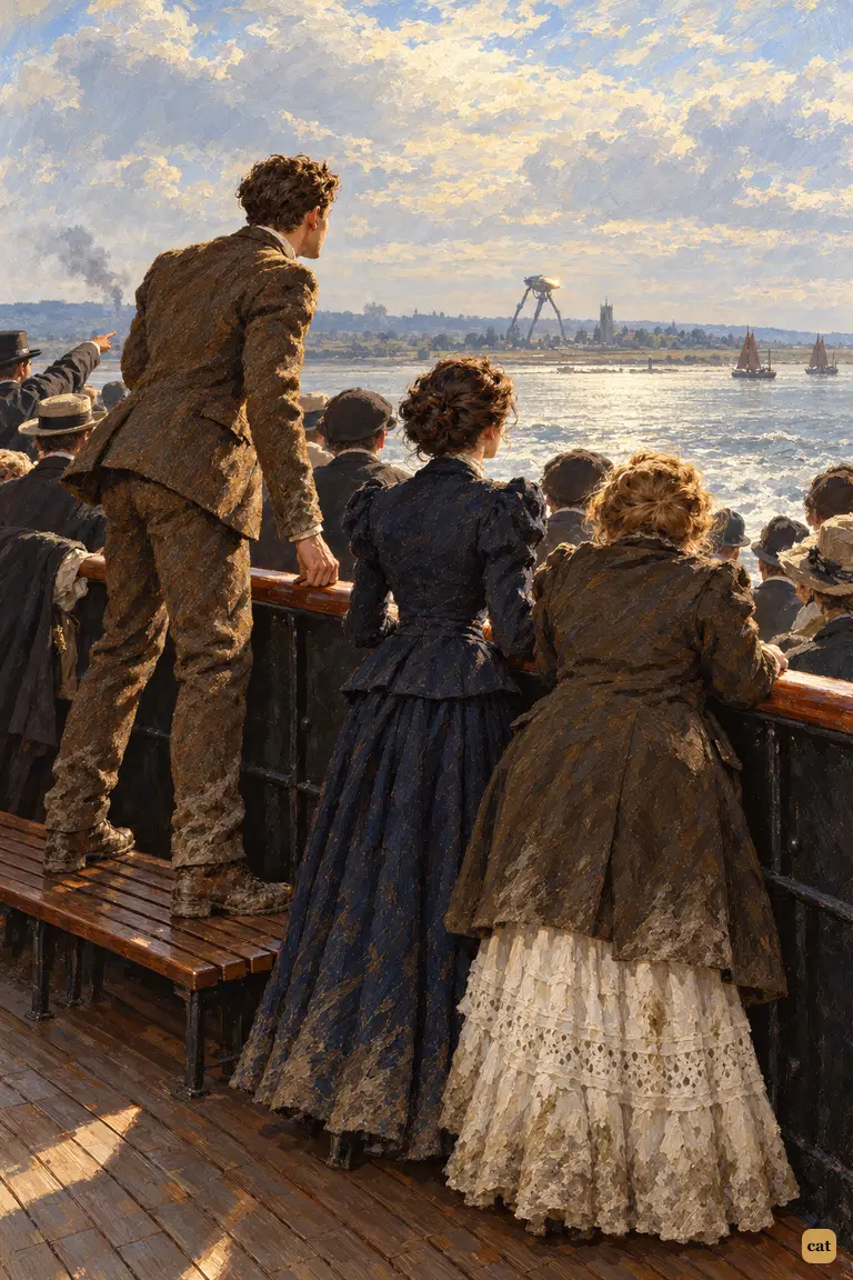 On the crowded paddle steamer, the brother stands on a bench beside the two Elphinstones