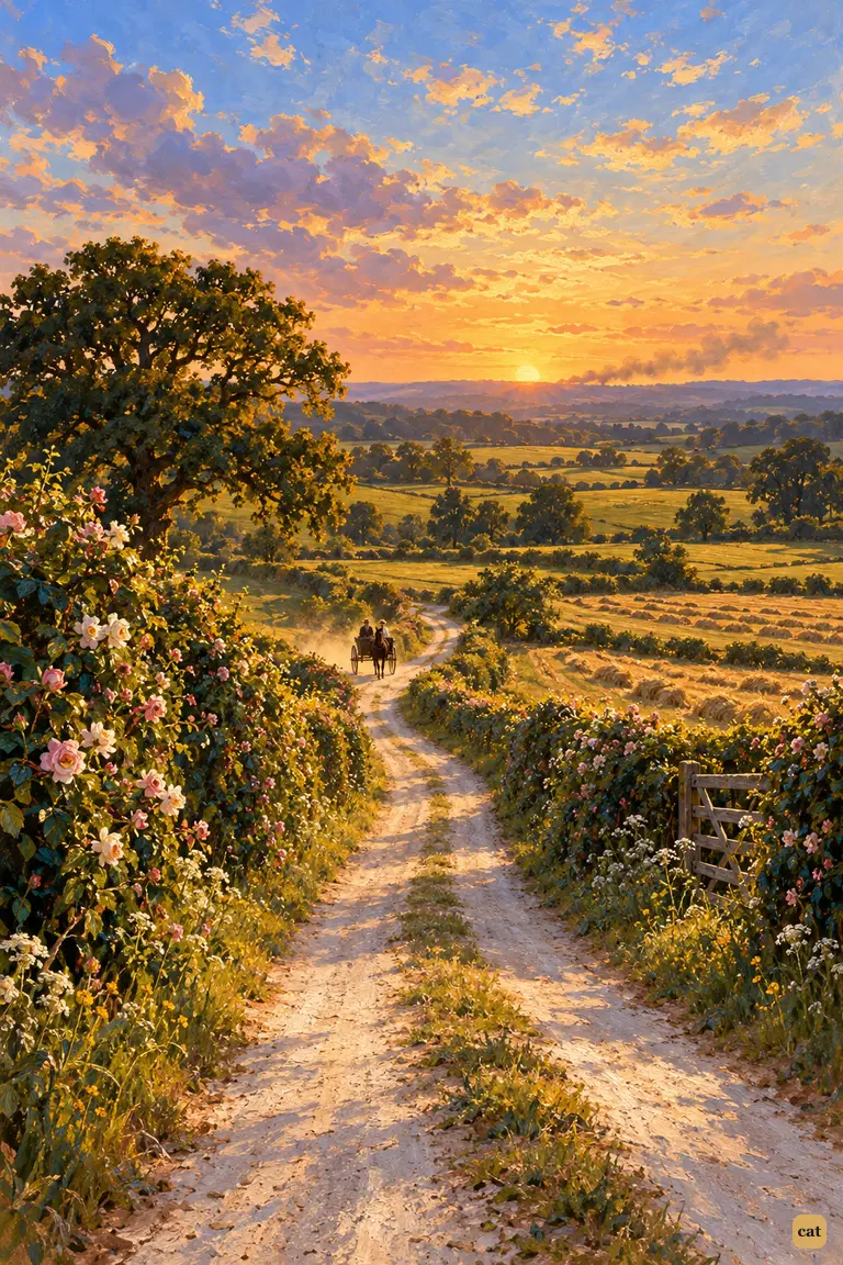 A still golden June evening on the white road to Leatherhead.