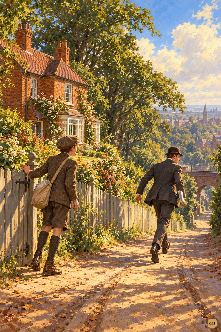 At a quarter to nine, the narrator hurries down a sunlit lane with the Daily Chronicle
