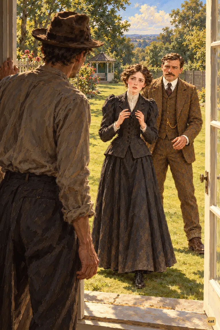 At the French window, the narrator sees his wife alive on the lawn with his cousin