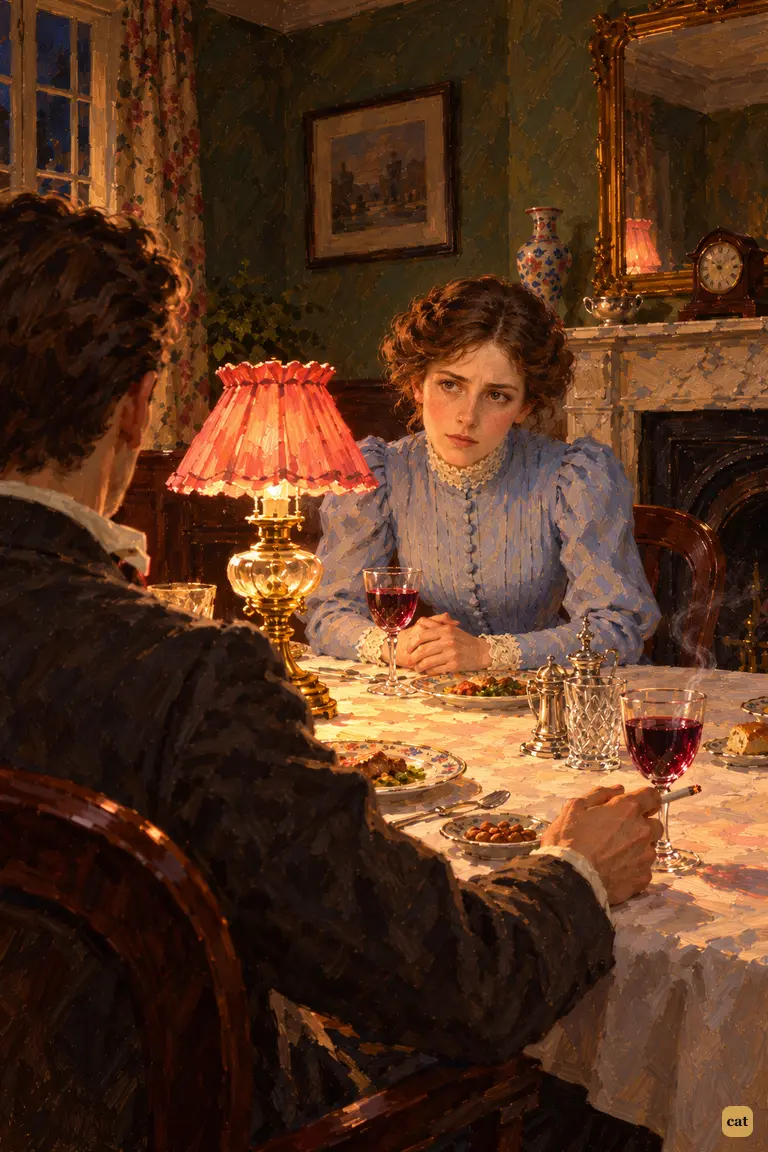 The narrator looks across the lamplit dinner table at his wife.