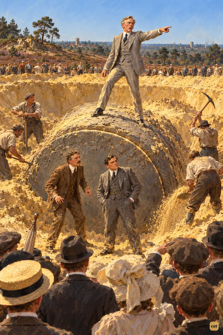 The crimson-faced Astronomer Royal stands on the half-buried cylinder, directing the dig