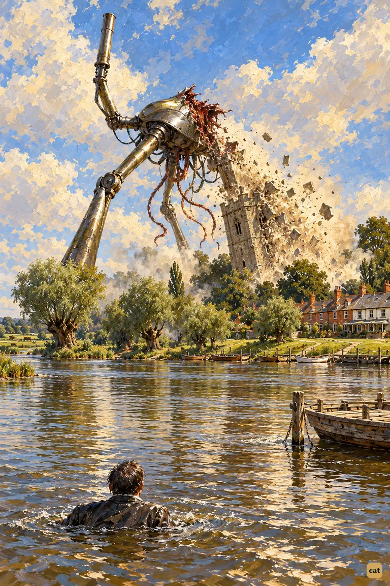 The headless fighting-machine reels across the Thames into the tower of Shepperton Church