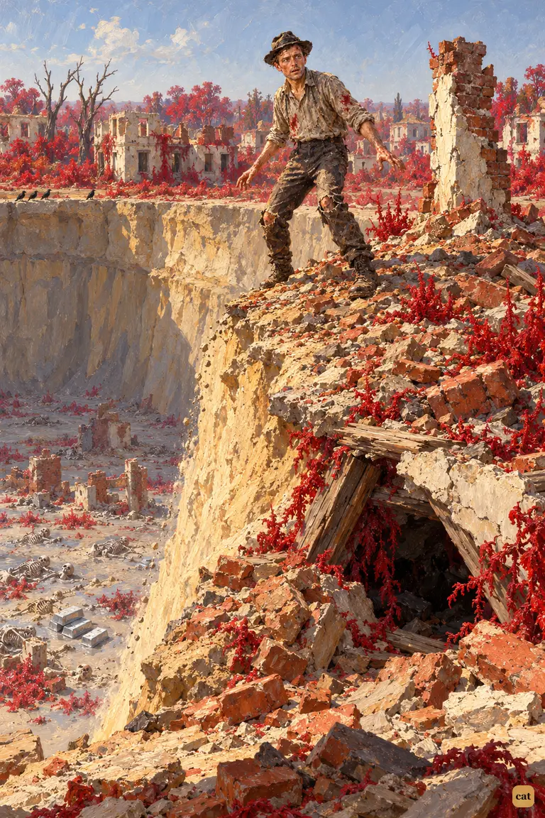 The starved narrator stands swaying on the rubble mound above the empty Martian pit