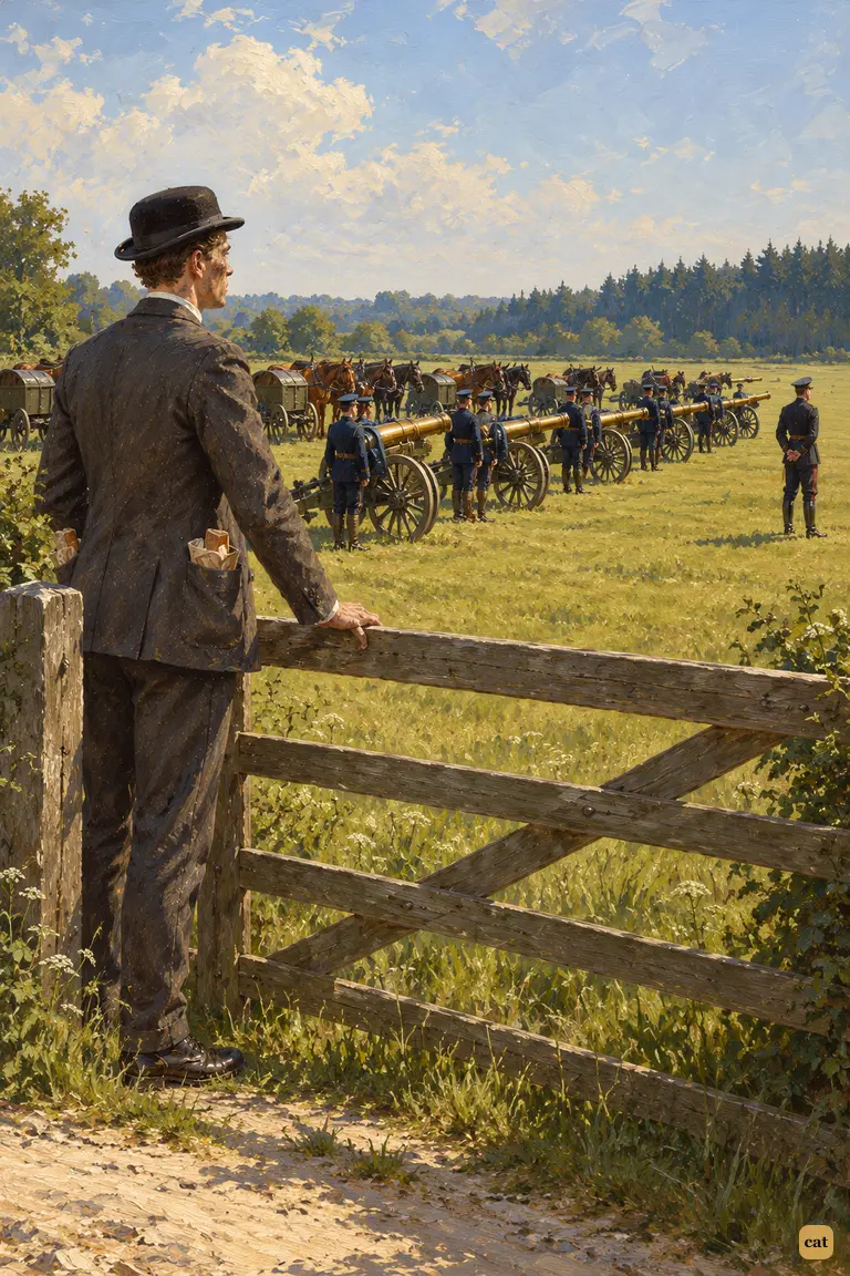 Through a field gate near Byfleet, the narrator sees six field guns aimed at the pines