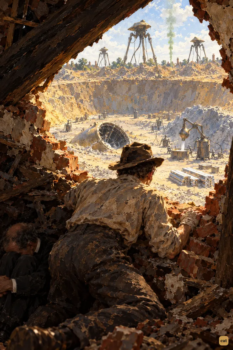 Back at the triangular gap, the narrator sees the crews of three fighting-machines in camp