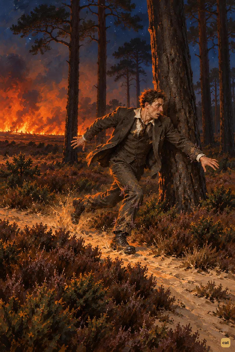 The narrator flees alone across Horsell Common at night.