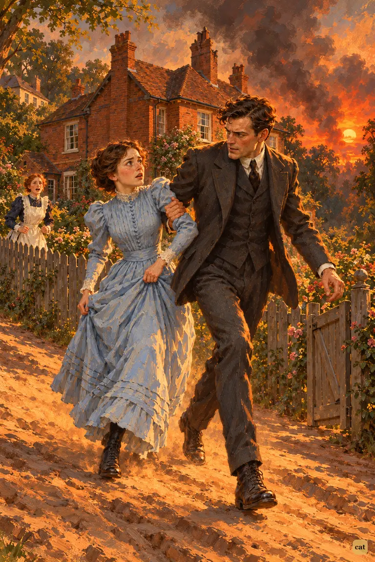 The narrator grabs his wife's arm and pulls her through the side gate into the sandy lane.