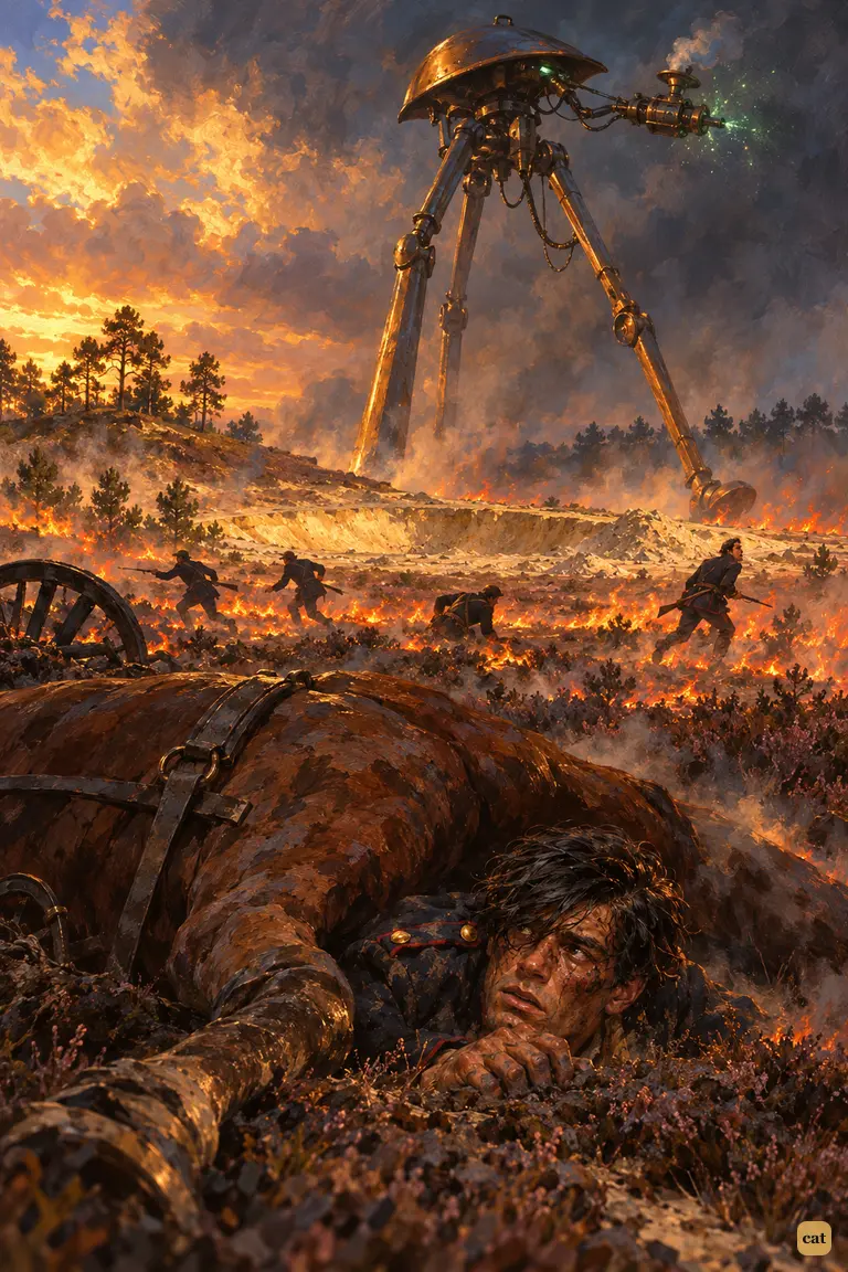 The Artilleryman lies pinned under a dead horse and watches from ground level.