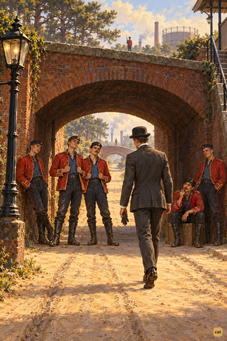 On a hot, dull Saturday morning the narrator walks down to the railway bridge.