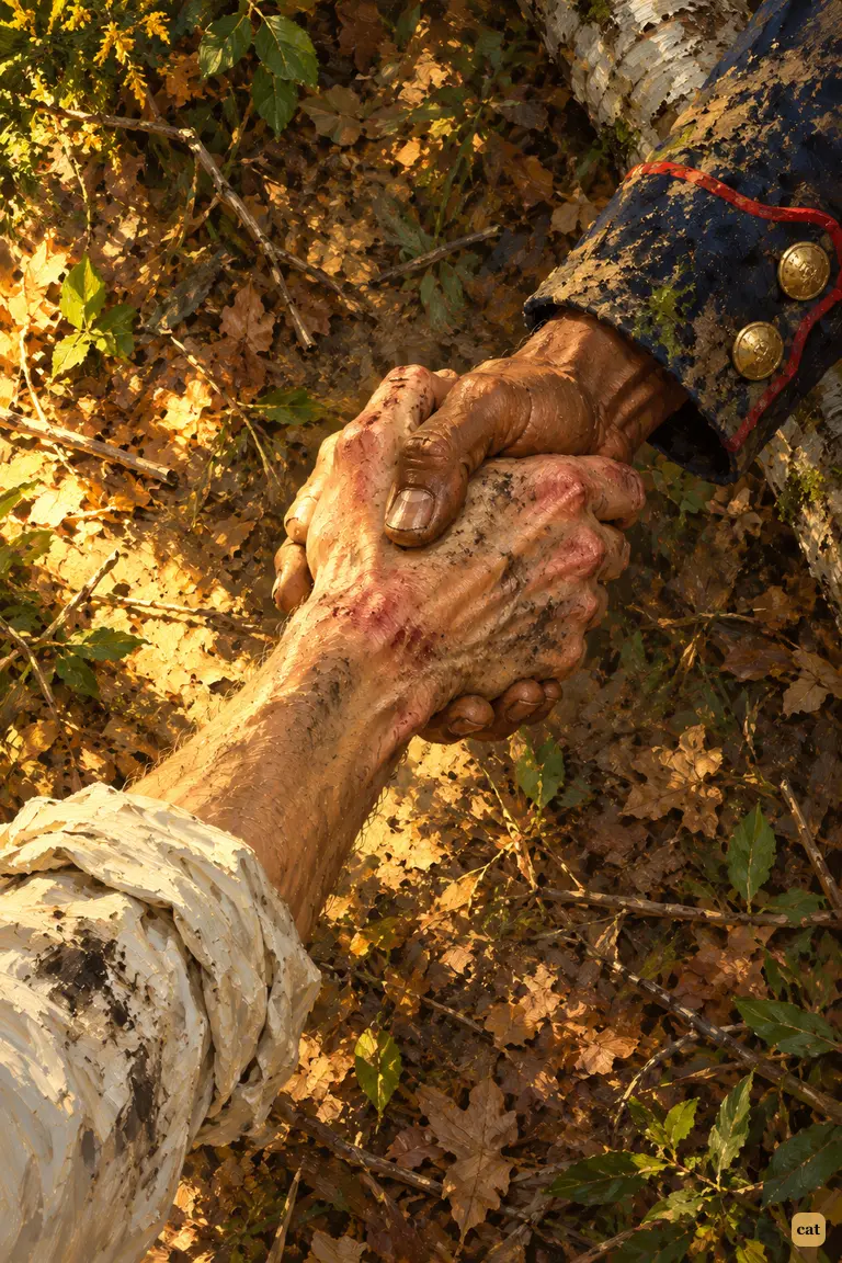 The philosopher grips the soldier's hand, moved by his resolve to live on underground