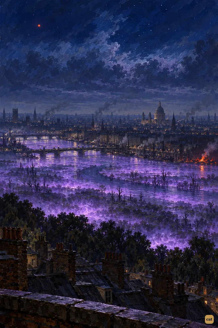 From a Putney rooftop at night, the narrator looks out over black, dead London.