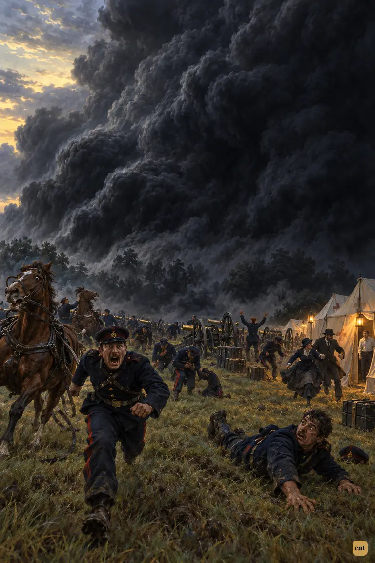 At twilight a towering black cloud of poison vapour rolls toward a battery near Esher