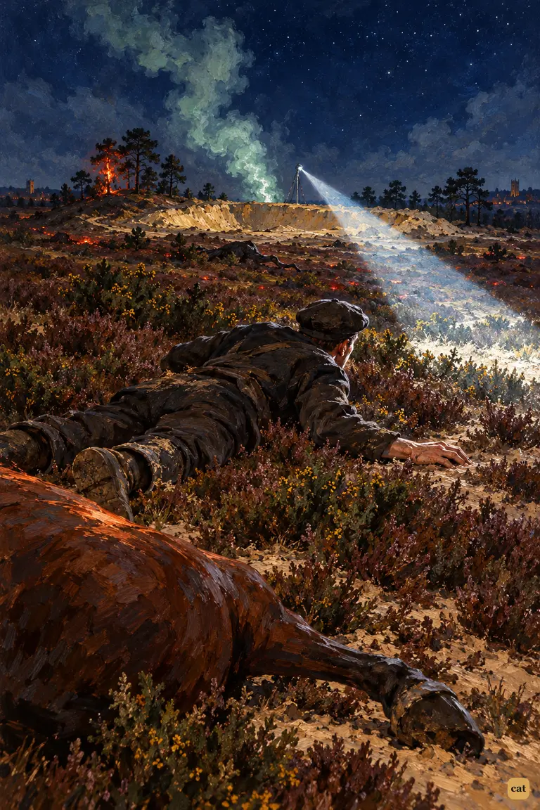 A lone man crawls through the dark heather of Horsell Common toward the Martian pit.