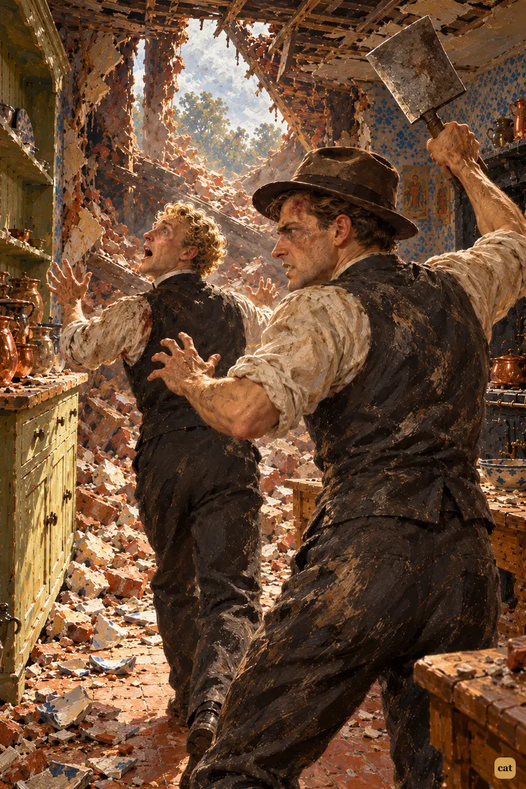 In the ruined kitchen, the narrator catches the raving curate and lifts the meat chopper