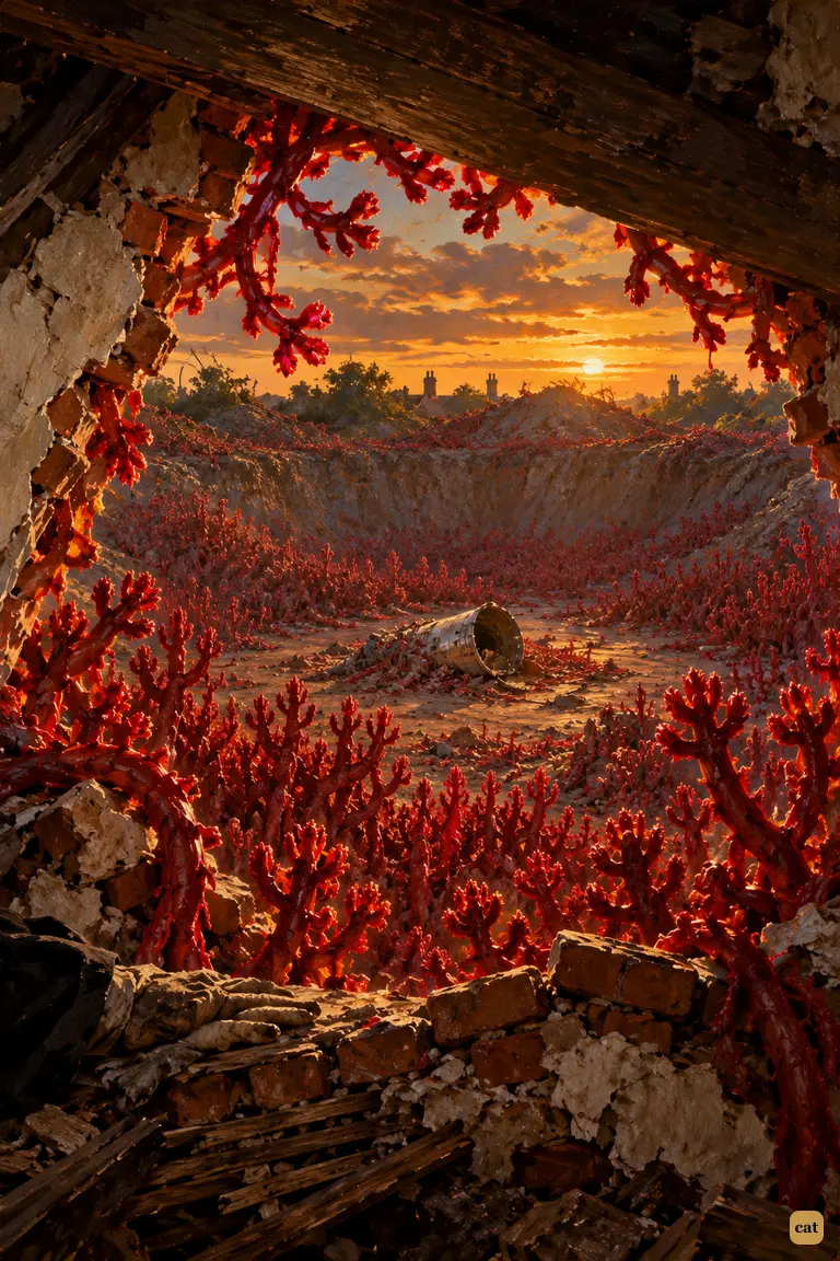 Days later, blood-red weed climbs the pit and hangs in crimson branches round the peephole