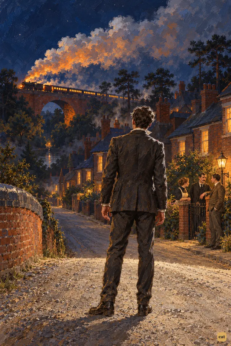 The dazed narrator on the canal bridge watches a firelit train fly over the Maybury arch