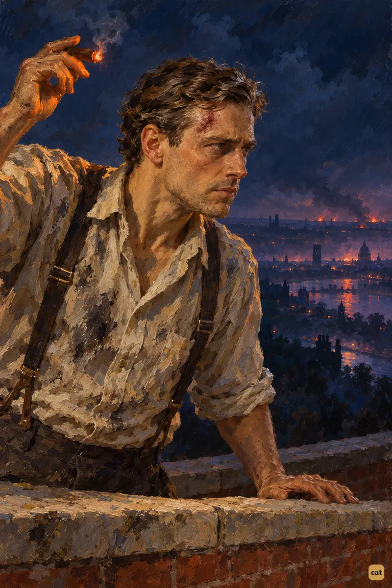 On the dark roof, the narrator is overcome with disgust at the day's cards and cigars