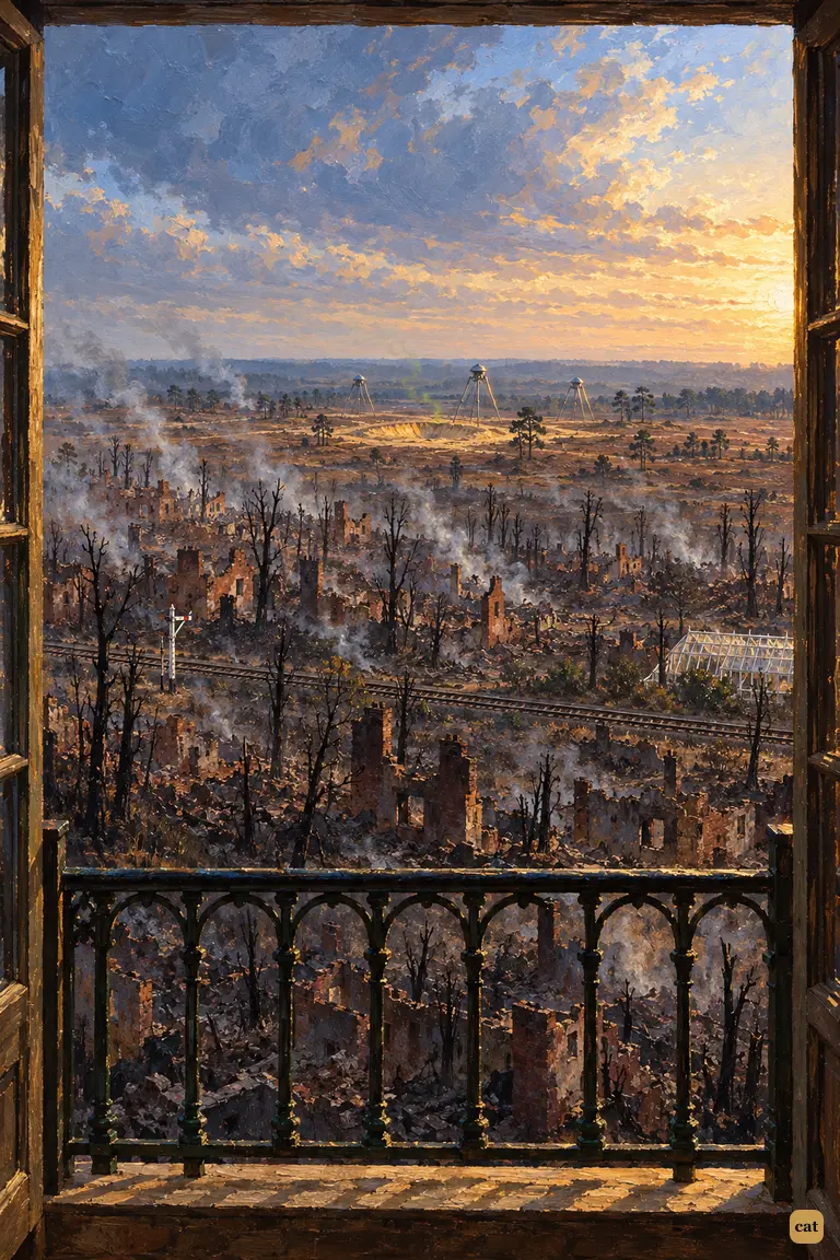 At first light, the narrator and the artilleryman look out over a valley turned to ash