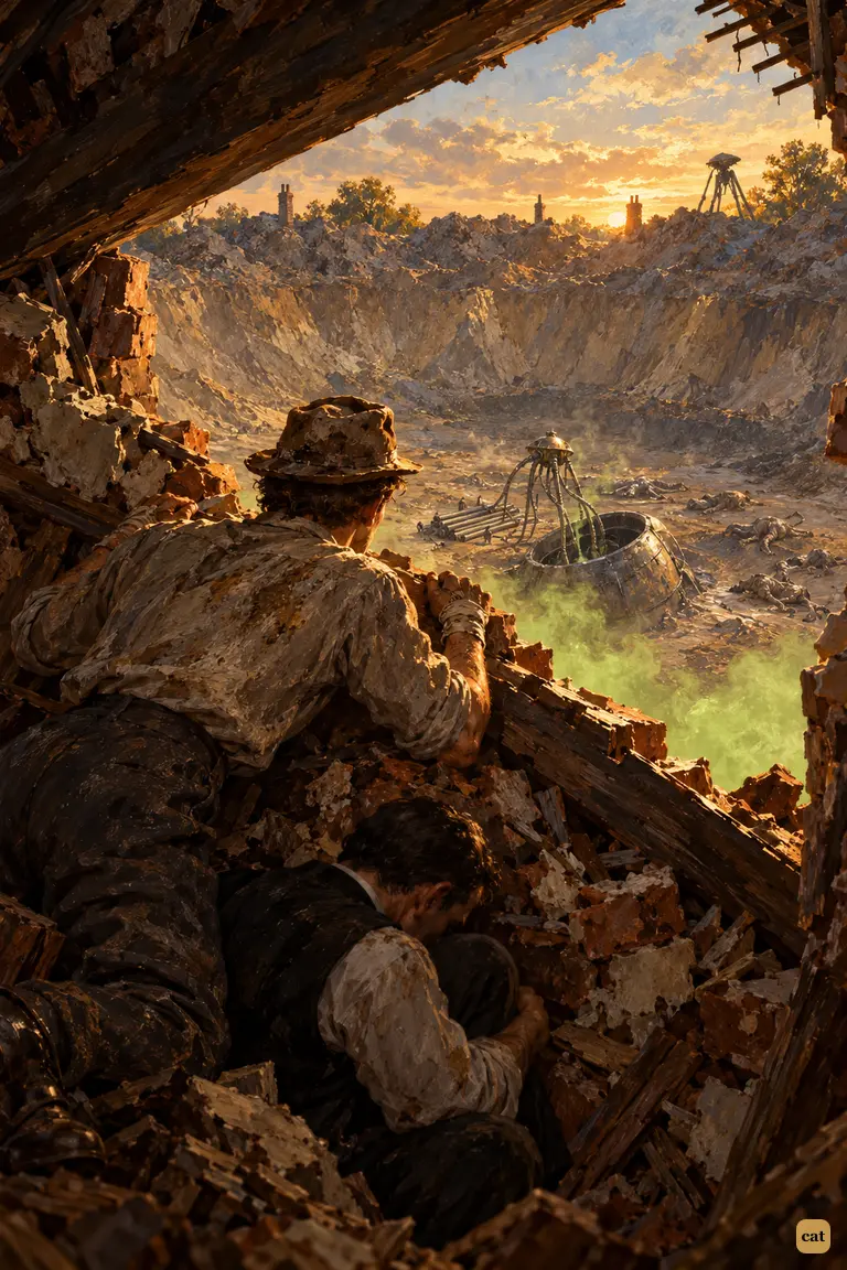 Through a triangular slit in the rubble, the huge new crater at Sheen comes into view