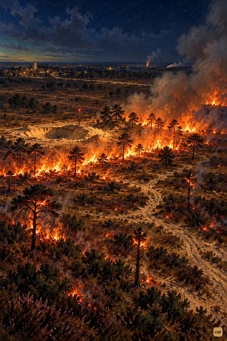 Horsell Common lies empty and on fire under a June night sky, seen from high above.