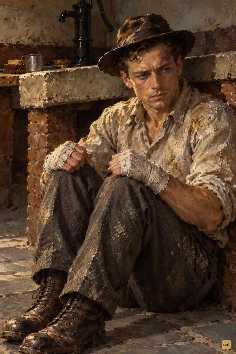 Alone in the dark scullery, the narrator forces his fear down into cold resolve