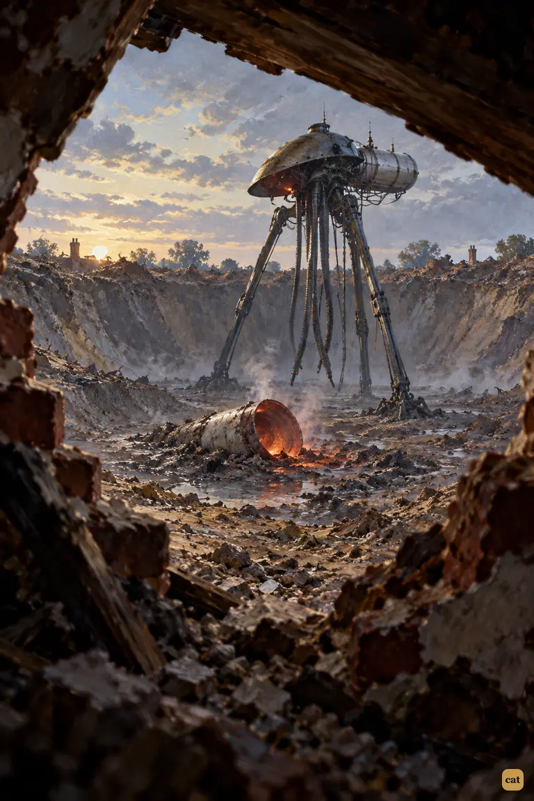 Through a gap in the rubble, a fighting-machine stands still over the glowing cylinder