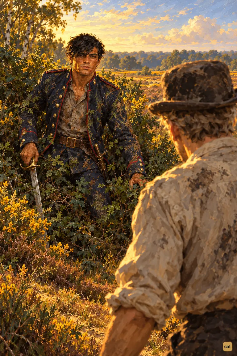 At sunrise, a crouching shape in the bushes stands up: a ragged soldier with a cutlass
