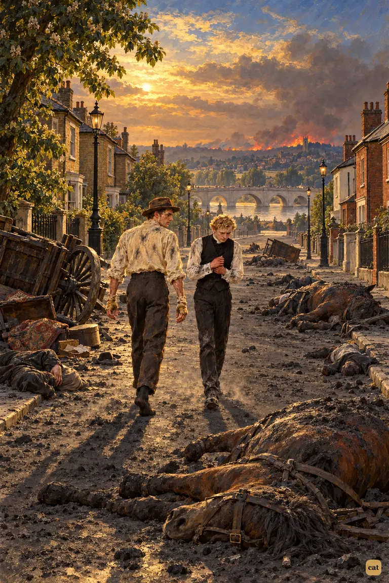 The narrator and the curate walk east toward Richmond Bridge along a road buried in black dust.