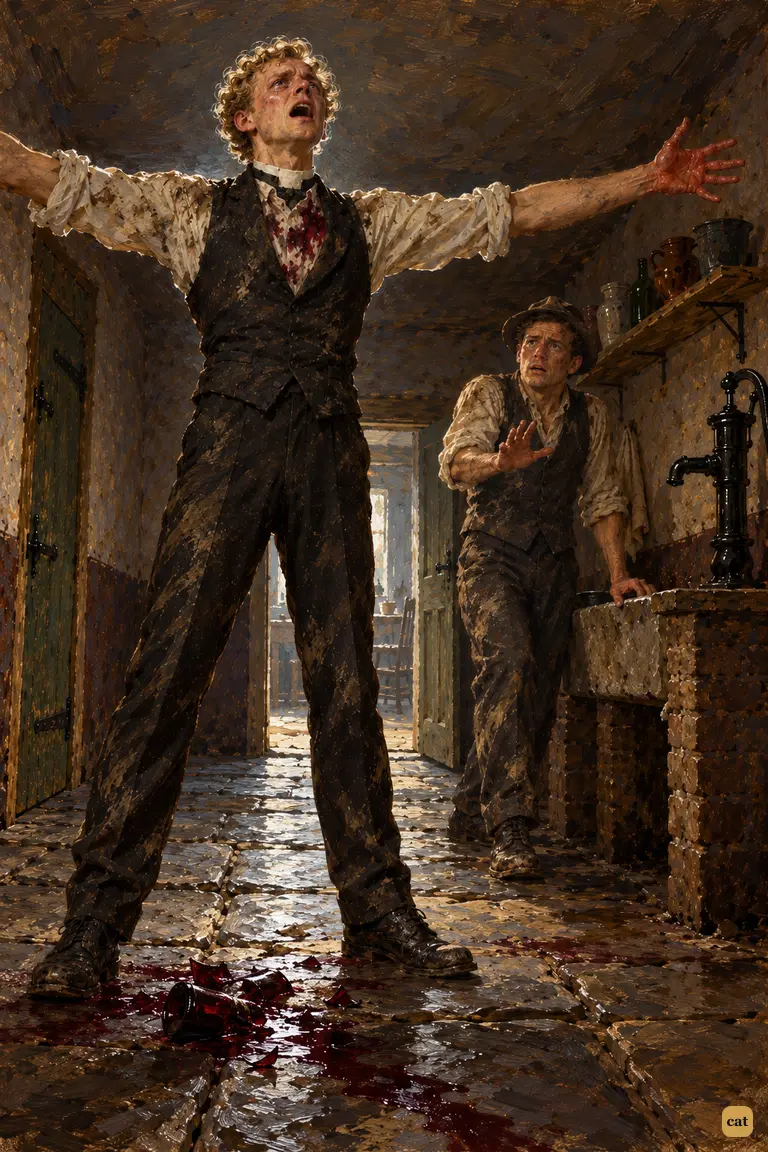 The curate shouts his prophecy, arms wide, as the narrator raises a hand to hush him