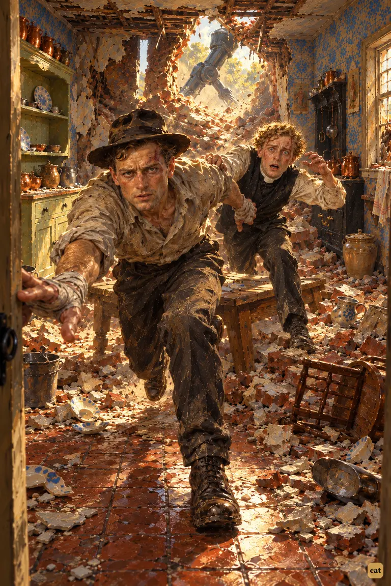 The narrator and the curate dash stooped across the kitchen toward the dark scullery