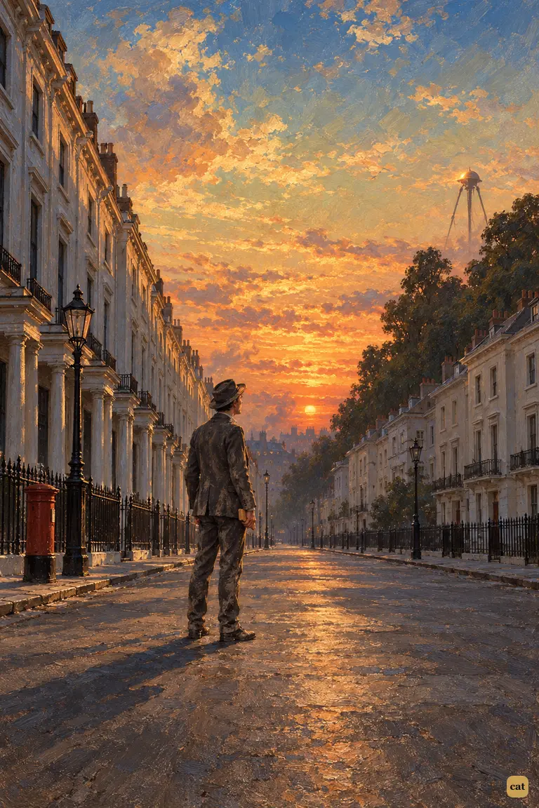 At sunset the narrator stops alone in the empty middle of Park Road.