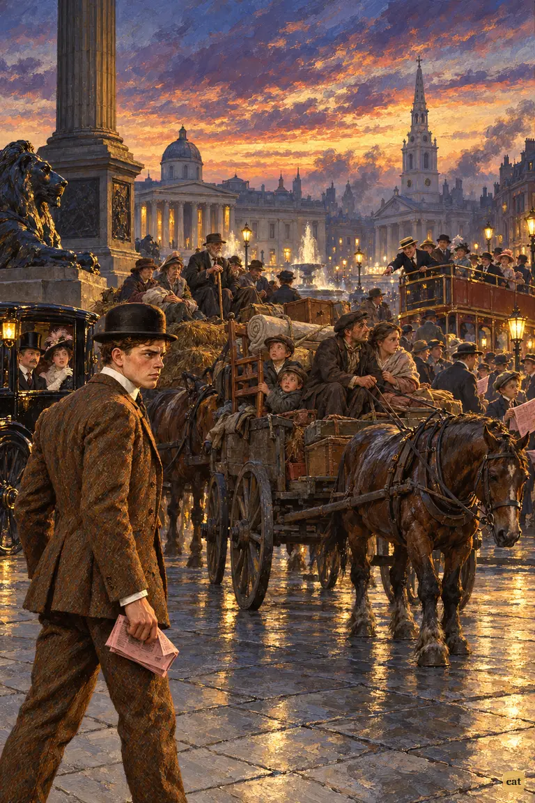At dusk in Trafalgar Square, a young man stops to watch the first haggard refugees