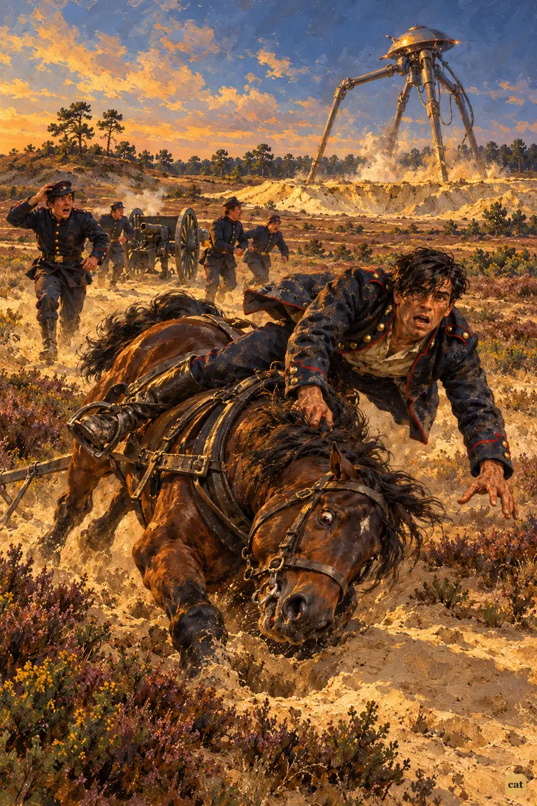 The driver's horse steps in a rabbit hole and throws him as the Martian shield rises