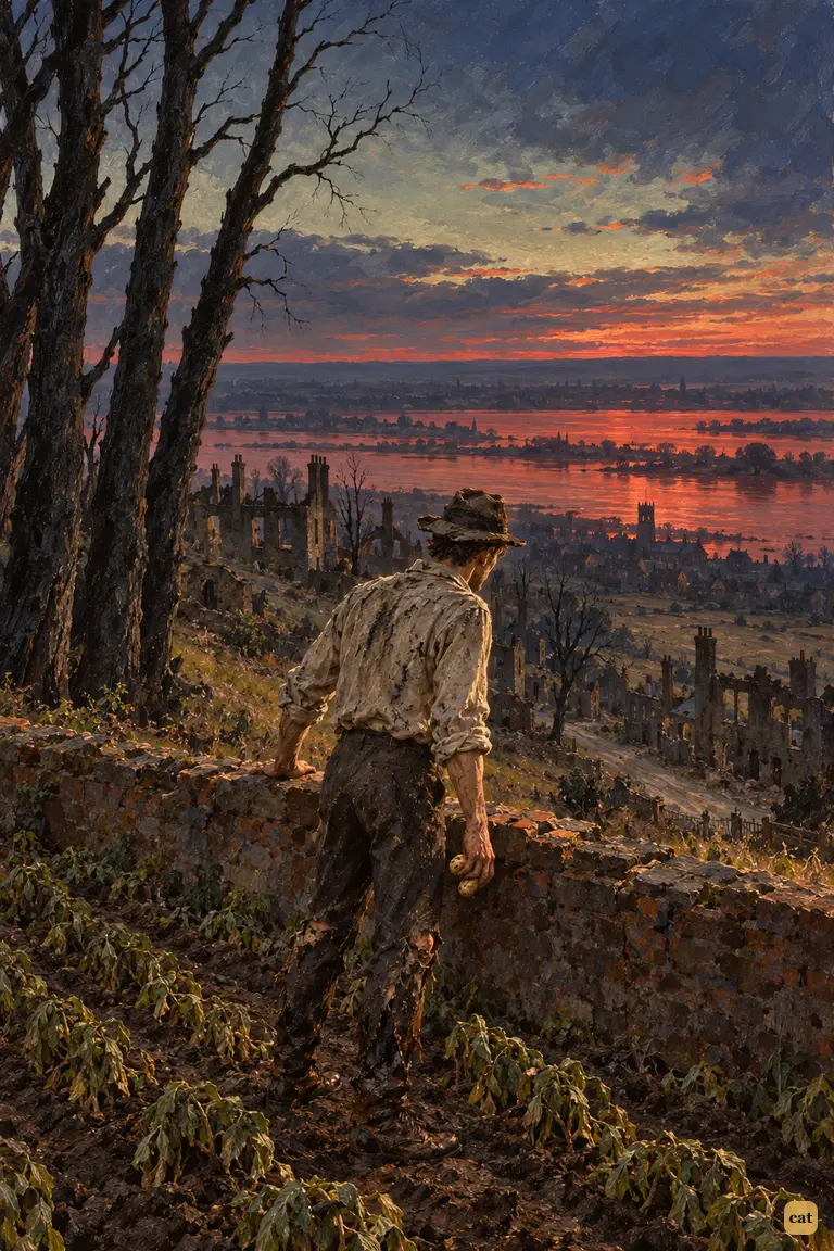 At dusk the starving narrator stands at the far wall of an abandoned potato garden.