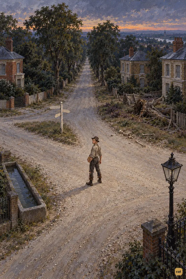 At grey dusk, the stooped narrator stands where three empty roads meet on Putney Hill