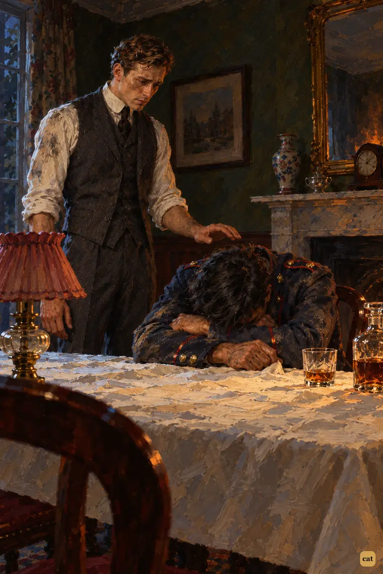 In the unlit dining room, the artilleryman sobs at the table with his head on his arms
