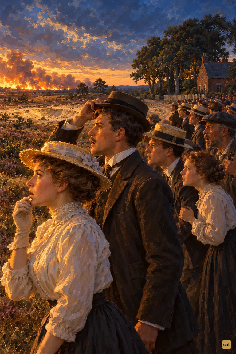 At dusk on the Horsell road, a row of onlookers stands frozen in profile.