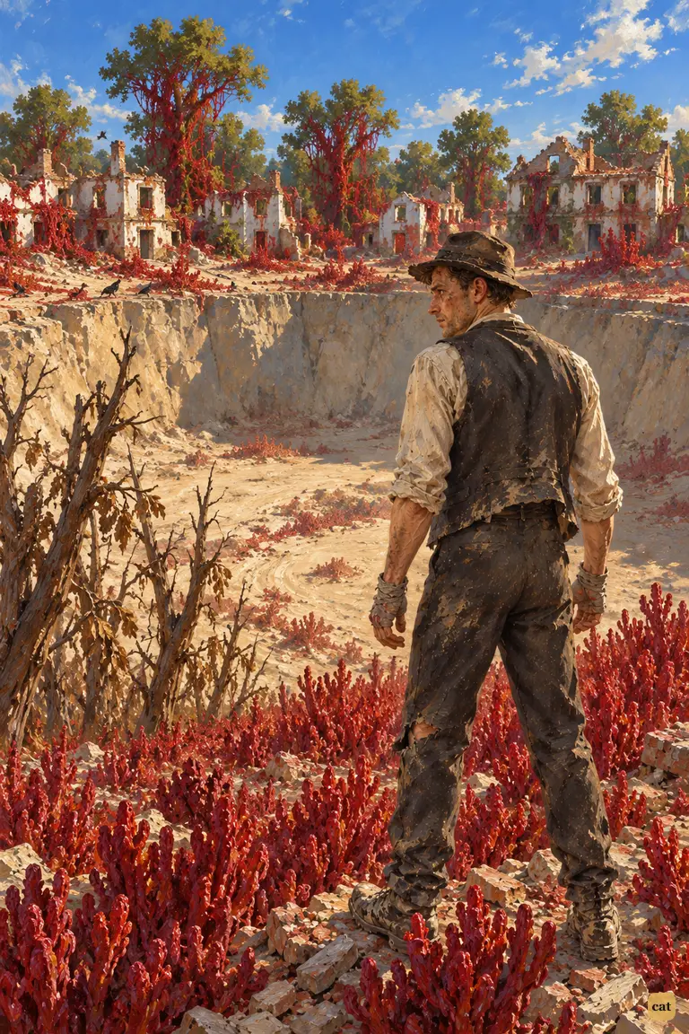 The starved narrator stands on the rubble mound that buried his refuge.