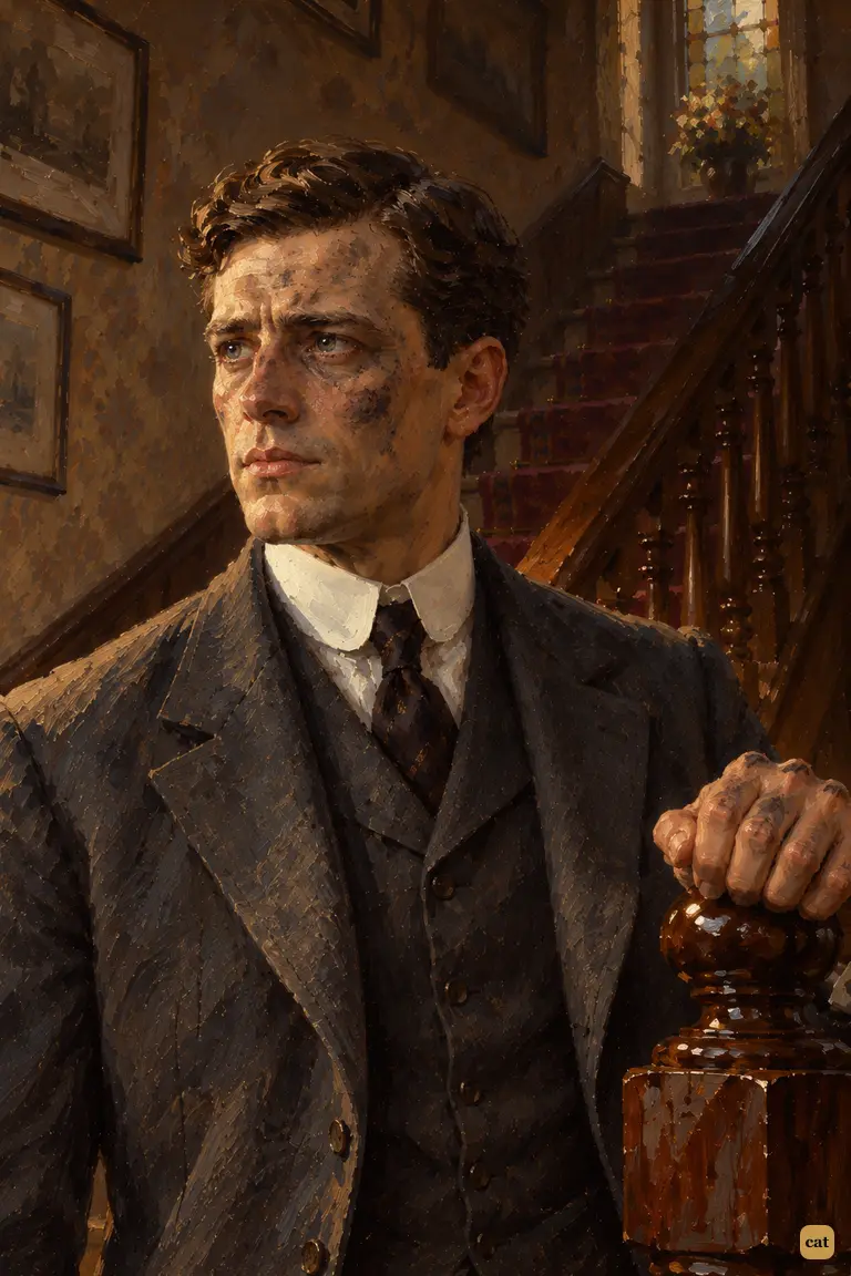At dawn, the soot-smudged narrator grips the newel post and stares at the front door