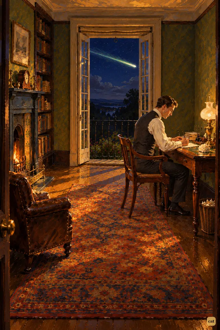 On the night of the first falling star, the narrator sits writing by lamplight in his study.