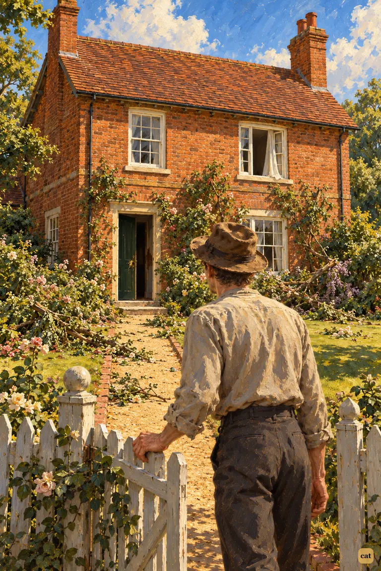 Home at last on a bright June day, the narrator stops at his garden gate.
