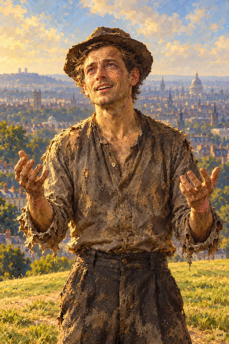 On the summit of Primrose Hill, the narrator stands weeping, his hands raised in praise