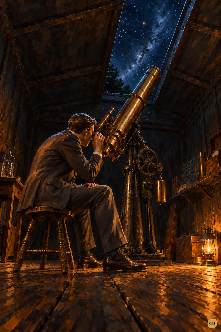 Alone in the black observatory, the narrator bends to the eyepiece beneath a starry slit
